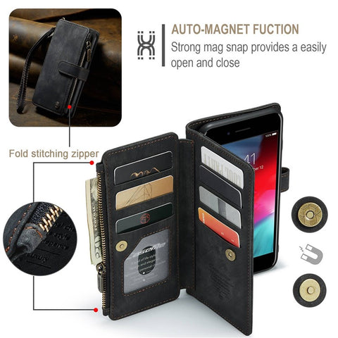 For iPhone 6 Plus / 6s Plus / 7 Plus / 8 Plus Phone Cases with Strap CASEME C30 Zipper Multiple Card Holder PU Leather Cover