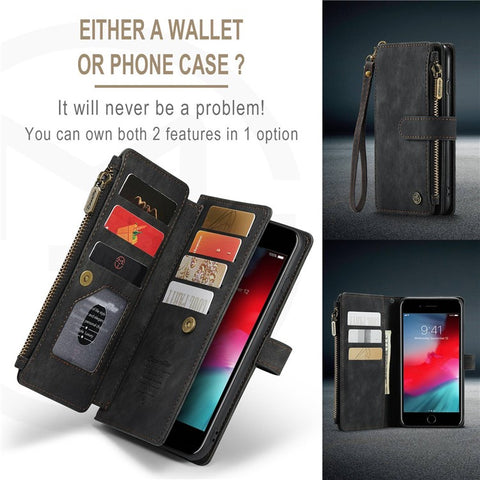 For iPhone 6 Plus / 6s Plus / 7 Plus / 8 Plus Phone Cases with Strap CASEME C30 Zipper Multiple Card Holder PU Leather Cover