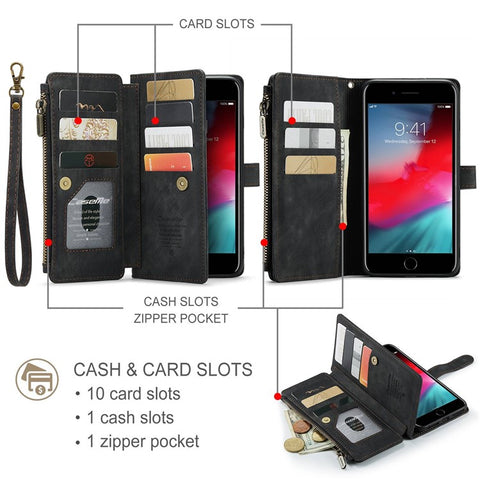 For iPhone 6 Plus / 6s Plus / 7 Plus / 8 Plus Phone Cases with Strap CASEME C30 Zipper Multiple Card Holder PU Leather Cover