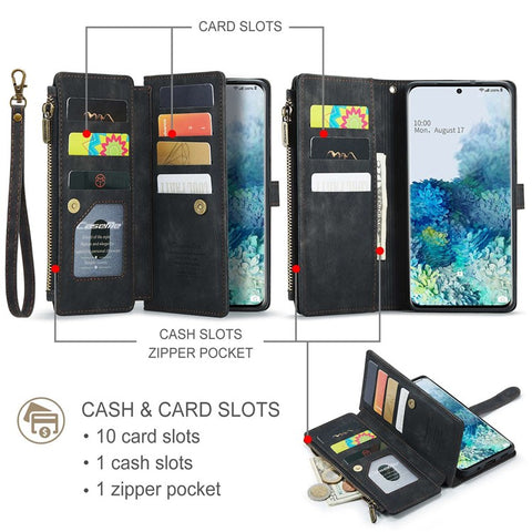 For Samsung Galaxy S20 Plus 4G / 5G Phone Cases with Strap CASEME C30 Zipper Multiple Card Holder PU Leather Cover