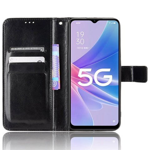 For Oppo A97 5G Crazy Horse Texture Wallet Case TPU Inner Shell Stand PU Leather Flip Folio Phone Cover with Strap