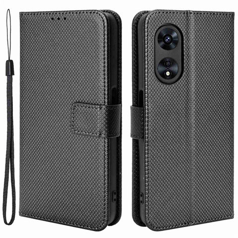 For Oppo A97 5G PU Leather Diamond Texture Shockproof Phone Case Magnetic Closure Stand Function Folio Flip Wallet Cover with Strap