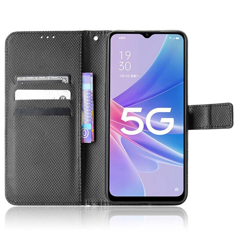 For Oppo A97 5G PU Leather Diamond Texture Shockproof Phone Case Magnetic Closure Stand Function Folio Flip Wallet Cover with Strap