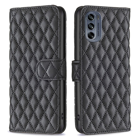 BINFEN COLOR for Motorola Moto G62 5G BF Style-14 Wear-resistant Imprinted Rhombus Pattern Stand Anti-fall Phone Shell with Wallet