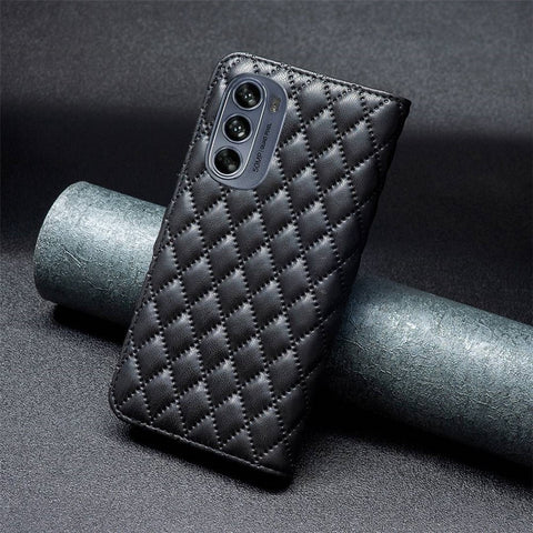 BINFEN COLOR for Motorola Moto G62 5G BF Style-14 Wear-resistant Imprinted Rhombus Pattern Stand Anti-fall Phone Shell with Wallet