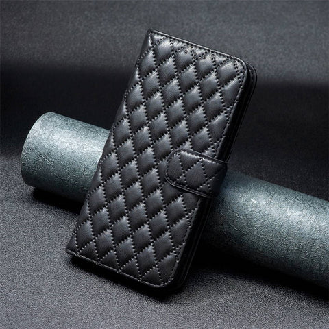BINFEN COLOR for Motorola Moto G62 5G BF Style-14 Wear-resistant Imprinted Rhombus Pattern Stand Anti-fall Phone Shell with Wallet