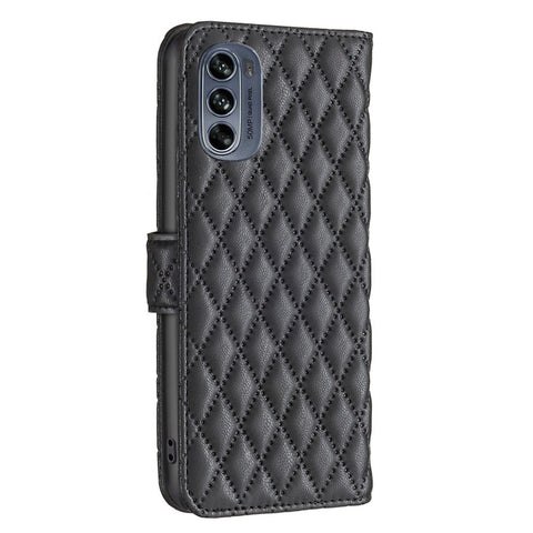 BINFEN COLOR for Motorola Moto G62 5G BF Style-14 Wear-resistant Imprinted Rhombus Pattern Stand Anti-fall Phone Shell with Wallet