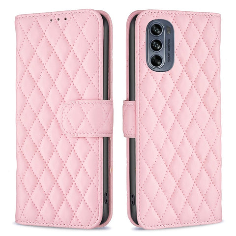 BINFEN COLOR for Motorola Moto G62 5G BF Style-14 Wear-resistant Imprinted Rhombus Pattern Stand Anti-fall Phone Shell with Wallet
