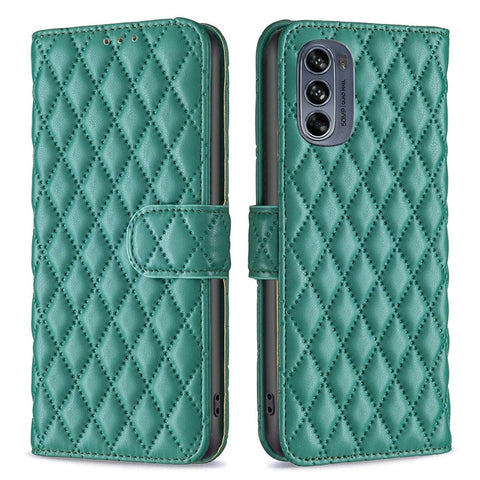 BINFEN COLOR for Motorola Moto G62 5G BF Style-14 Wear-resistant Imprinted Rhombus Pattern Stand Anti-fall Phone Shell with Wallet