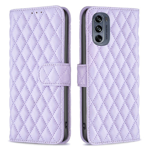 BINFEN COLOR for Motorola Moto G62 5G BF Style-14 Wear-resistant Imprinted Rhombus Pattern Stand Anti-fall Phone Shell with Wallet