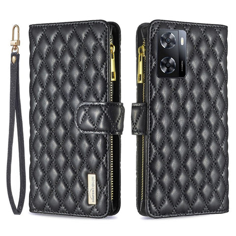 BINFEN COLOR BF Style-15 for Oppo A57 4G / A57s 4G PU Leather Zipper Pocket Wallet Phone Case Imprinted Rhombus Pattern Matte Protective Shell with Stand