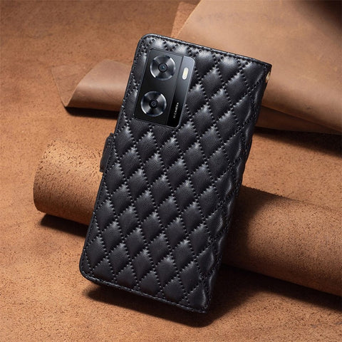 BINFEN COLOR BF Style-15 for Oppo A57 4G / A57s 4G PU Leather Zipper Pocket Wallet Phone Case Imprinted Rhombus Pattern Matte Protective Shell with Stand