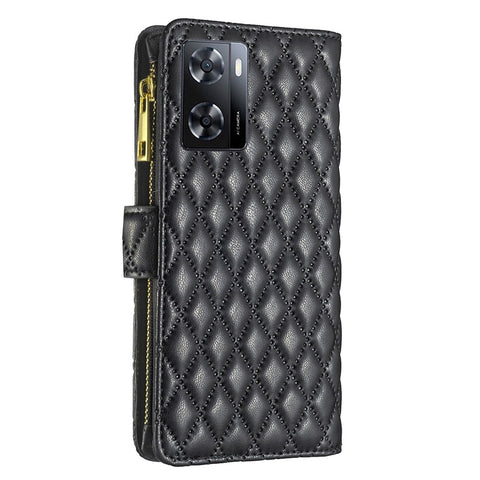 BINFEN COLOR BF Style-15 for Oppo A57 4G / A57s 4G PU Leather Zipper Pocket Wallet Phone Case Imprinted Rhombus Pattern Matte Protective Shell with Stand