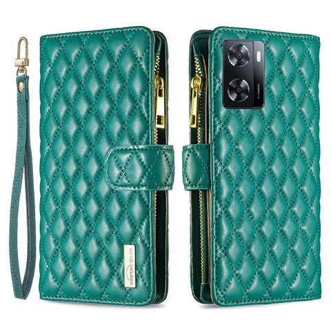 BINFEN COLOR BF Style-15 for Oppo A57 4G / A57s 4G PU Leather Zipper Pocket Wallet Phone Case Imprinted Rhombus Pattern Matte Protective Shell with Stand