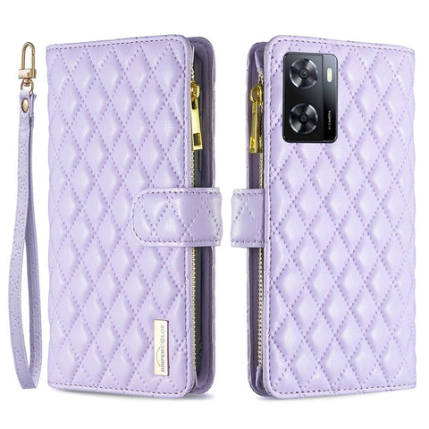 BINFEN COLOR BF Style-15 for Oppo A57 4G / A57s 4G PU Leather Zipper Pocket Wallet Phone Case Imprinted Rhombus Pattern Matte Protective Shell with Stand