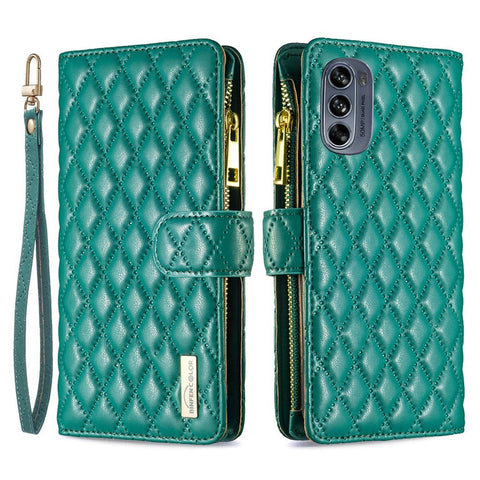 BINFEN COLOR BF Style-15 for Motorola Moto G62 5G Anti-drop Zipper Pocket PU Leather Phone Flip Wallet Case Imprinting Rhombus Pattern Matte Cover with Stand