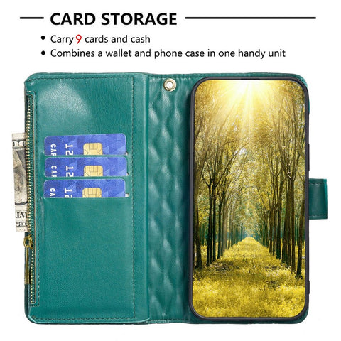 BINFEN COLOR BF Style-15 for Motorola Moto G62 5G Anti-drop Zipper Pocket PU Leather Phone Flip Wallet Case Imprinting Rhombus Pattern Matte Cover with Stand