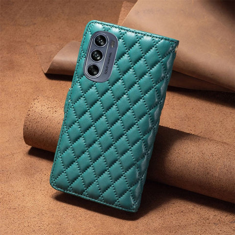 BINFEN COLOR BF Style-15 for Motorola Moto G62 5G Anti-drop Zipper Pocket PU Leather Phone Flip Wallet Case Imprinting Rhombus Pattern Matte Cover with Stand