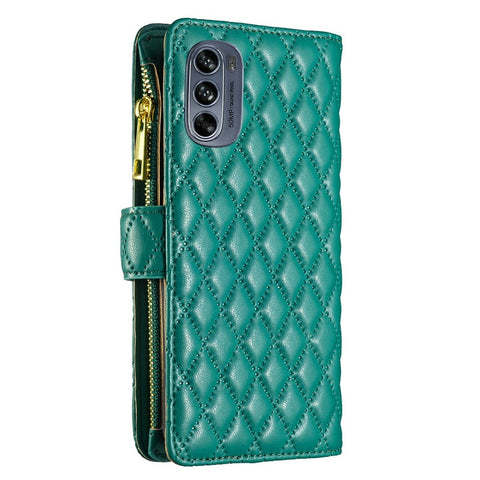 BINFEN COLOR BF Style-15 for Motorola Moto G62 5G Anti-drop Zipper Pocket PU Leather Phone Flip Wallet Case Imprinting Rhombus Pattern Matte Cover with Stand