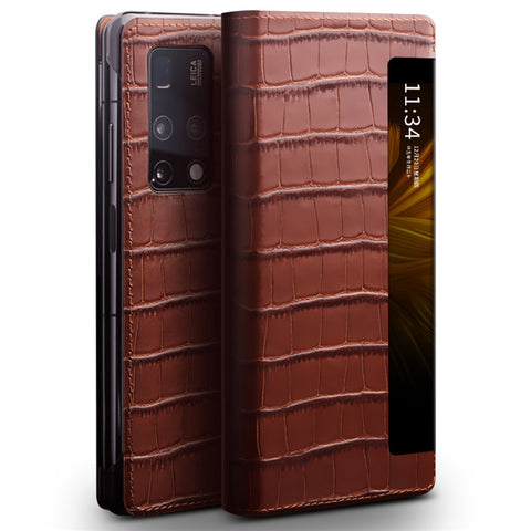 QIALINO Phone Cover Bag for Huawei Mate X2, Anti-spy Auto Wake Up / Sleep View Window Genuine Cowhide Leather Phone Case