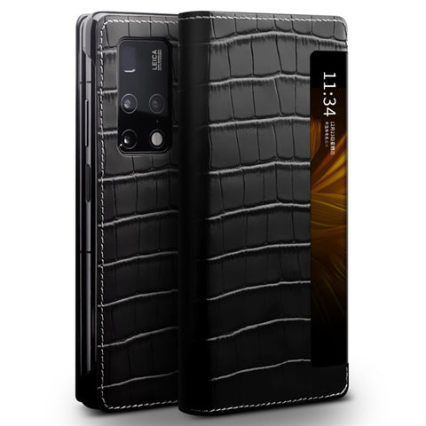 QIALINO Phone Cover Bag for Huawei Mate X2, Anti-spy Auto Wake Up / Sleep View Window Genuine Cowhide Leather Phone Case