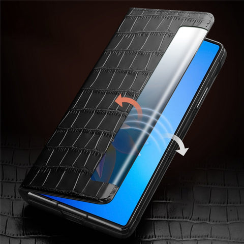 QIALINO Phone Cover Bag for Huawei Mate X2, Anti-spy Auto Wake Up / Sleep View Window Genuine Cowhide Leather Phone Case
