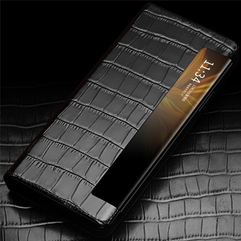 QIALINO Phone Cover Bag for Huawei Mate X2, Anti-spy Auto Wake Up / Sleep View Window Genuine Cowhide Leather Phone Case