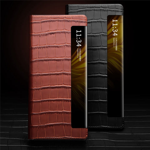 QIALINO Phone Cover Bag for Huawei Mate X2, Anti-spy Auto Wake Up / Sleep View Window Genuine Cowhide Leather Phone Case