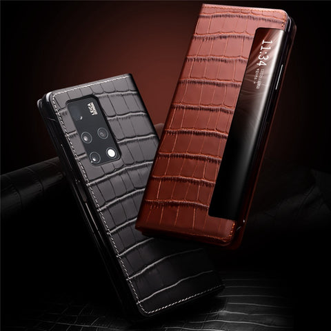 QIALINO Phone Cover Bag for Huawei Mate X2, Anti-spy Auto Wake Up / Sleep View Window Genuine Cowhide Leather Phone Case