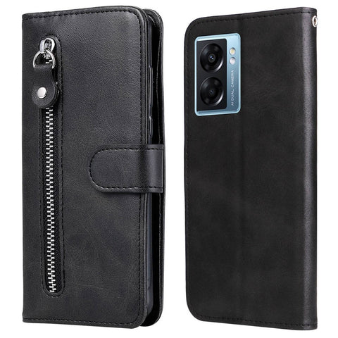 For Oppo A57 4G / A57s 4G / A57 (2022) 5G / A77 5G / K10 5G / Realme V23 5G / Narzo 50 5G / Q5i Textured Leather Case Wallet Stand Zipper Pocket Phone Cover