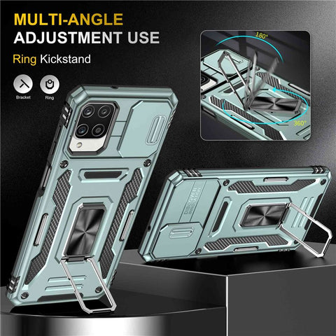 For Samsung Galaxy A12 / F12 / M12 Armor Series Hybrid Hard PC Soft TPU Shockproof Case Ring Car Mount Kickstand Back Shell with Camera Cover