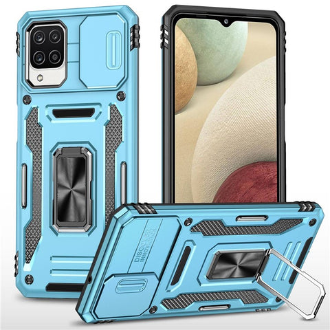 For Samsung Galaxy A12 / F12 / M12 Armor Series Hybrid Hard PC Soft TPU Shockproof Case Ring Car Mount Kickstand Back Shell with Camera Cover