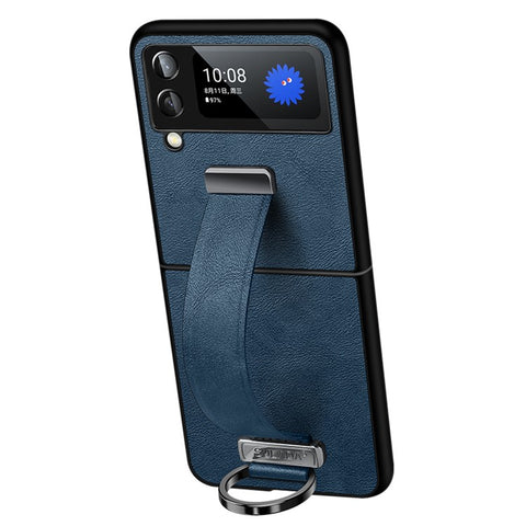 SULADA Fashion Series for Samsung Galaxy Z Flip4 5G Kickstand Design Waxy Leather Coated PC Shell Electroplating Phone Case with Wristband