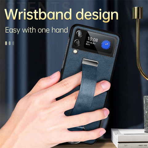 SULADA Fashion Series for Samsung Galaxy Z Flip4 5G Kickstand Design Waxy Leather Coated PC Shell Electroplating Phone Case with Wristband