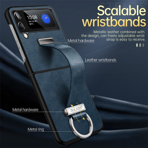 SULADA Fashion Series for Samsung Galaxy Z Flip4 5G Kickstand Design Waxy Leather Coated PC Shell Electroplating Phone Case with Wristband