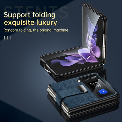 SULADA Fashion Series for Samsung Galaxy Z Flip4 5G Kickstand Design Waxy Leather Coated PC Shell Electroplating Phone Case with Wristband