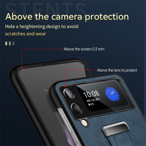 SULADA Fashion Series for Samsung Galaxy Z Flip4 5G Kickstand Design Waxy Leather Coated PC Shell Electroplating Phone Case with Wristband