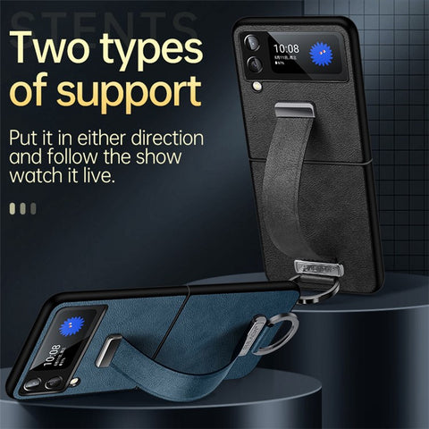 SULADA Fashion Series for Samsung Galaxy Z Flip4 5G Kickstand Design Waxy Leather Coated PC Shell Electroplating Phone Case with Wristband
