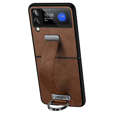 SULADA Fashion Series for Samsung Galaxy Z Flip4 5G Kickstand Design Waxy Leather Coated PC Shell Electroplating Phone Case with Wristband