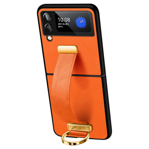 SULADA Fashion Series for Samsung Galaxy Z Flip4 5G Kickstand Design Waxy Leather Coated PC Shell Electroplating Phone Case with Wristband