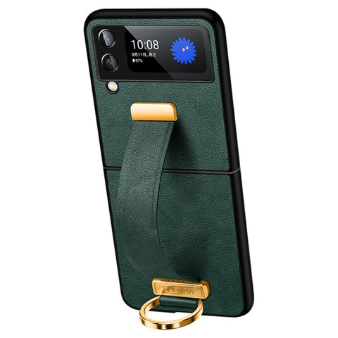 SULADA Fashion Series for Samsung Galaxy Z Flip4 5G Kickstand Design Waxy Leather Coated PC Shell Electroplating Phone Case with Wristband