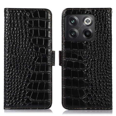 For OnePlus 10T 5G / Ace Pro 5G Anti-fall Crocodile Texture Case RFID Blocking Genuine Cowhide Leather Well-protected Wallet Phone Cover