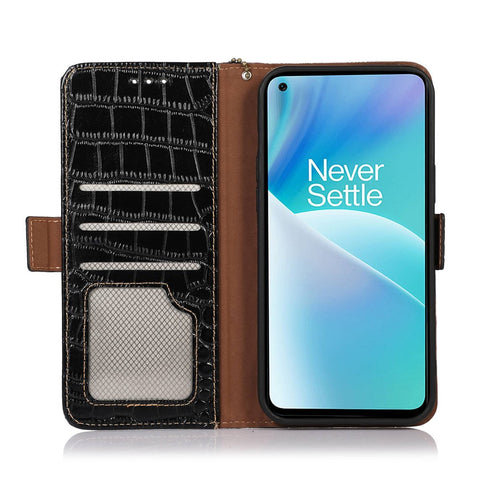 For OnePlus 10T 5G / Ace Pro 5G Anti-fall Crocodile Texture Case RFID Blocking Genuine Cowhide Leather Well-protected Wallet Phone Cover