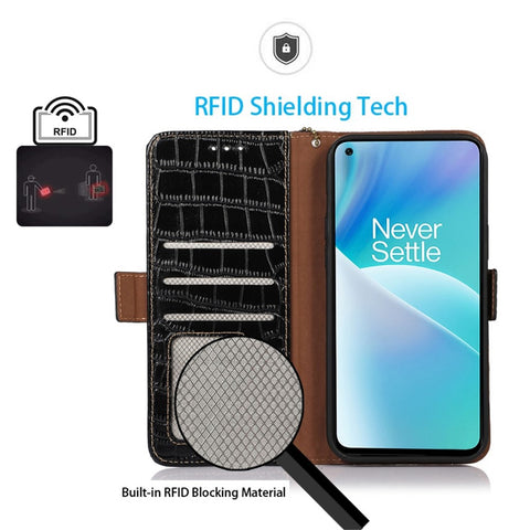 For OnePlus 10T 5G / Ace Pro 5G Anti-fall Crocodile Texture Case RFID Blocking Genuine Cowhide Leather Well-protected Wallet Phone Cover