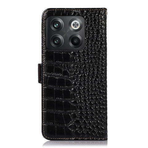 For OnePlus 10T 5G / Ace Pro 5G Anti-fall Crocodile Texture Case RFID Blocking Genuine Cowhide Leather Well-protected Wallet Phone Cover