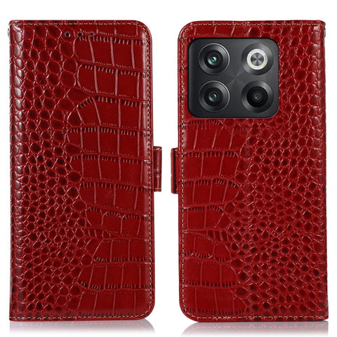 For OnePlus 10T 5G / Ace Pro 5G Anti-fall Crocodile Texture Case RFID Blocking Genuine Cowhide Leather Well-protected Wallet Phone Cover