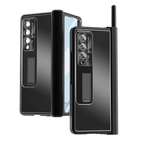 For Samsung Galaxy Z Fold4 5G Stylus Pen Design PC+Aluminum Alloy Kickstand Phone Case Len Protection Cover with Tempered Glass Screen Film