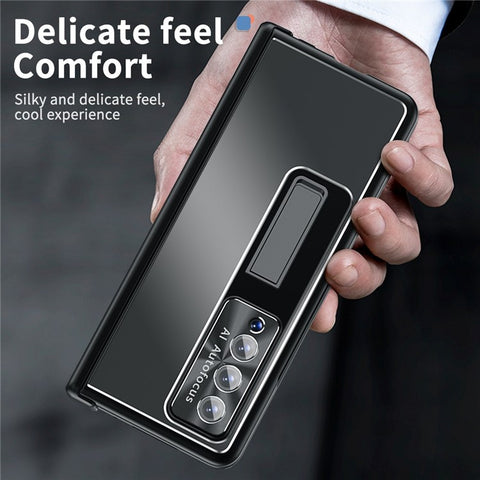 For Samsung Galaxy Z Fold4 5G Stylus Pen Design PC+Aluminum Alloy Kickstand Phone Case Len Protection Cover with Tempered Glass Screen Film