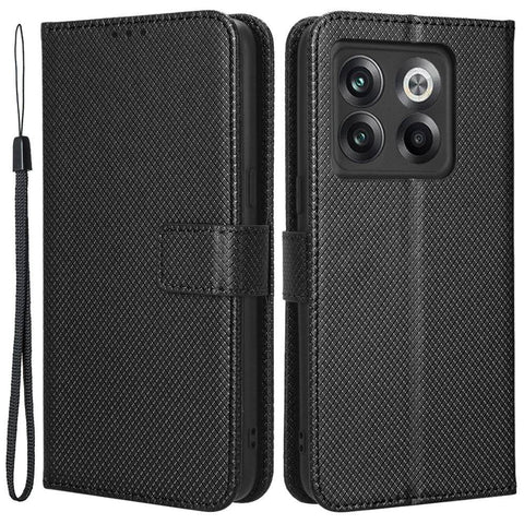 For OnePlus 10T 5G / Ace Pro 5G Diamond Texture Collision Resistant Phone Shell Magnetic Clasp PU Leather Stand Wallet Case with Wrist Strap