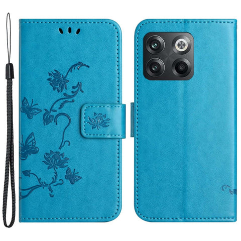 For OnePlus 10T 5G / Ace Pro 5G Butterfly Flower Imprinted Phone Case PU Leather Wallet Cover Stand Shockproof Phone Shell with Strap